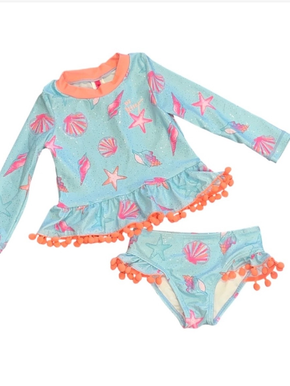 Betsey Johnson Blue Pink Sea Shell Long Sleeve Bikini Poms Glitter NWT 2T Pink